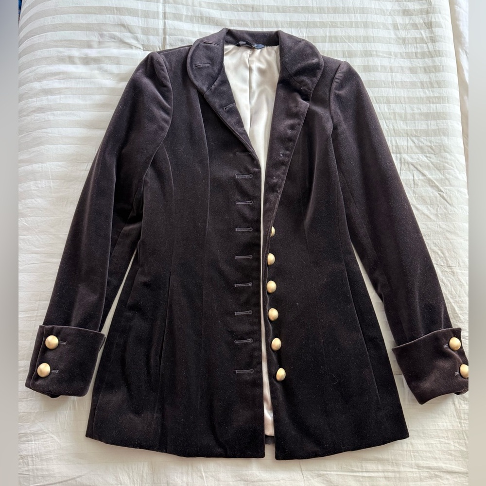 Classic Dark Brown Velvet Women's Blazer with Gold Buttons Military Style Sz XS